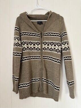 Taupe Zip Knit Sweater with Fair Isle Pattern
